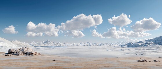A panoramic view of a desolate, snow-covered mountain range under a clear blue sky with fluffy white clouds. The foreground features rocky terrain and a sandy p