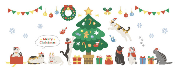 クリスマスを楽しむかわいい猫のイラスト