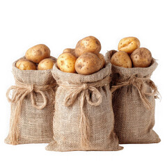  three jute bags with fresh potatoes on white backgroud.