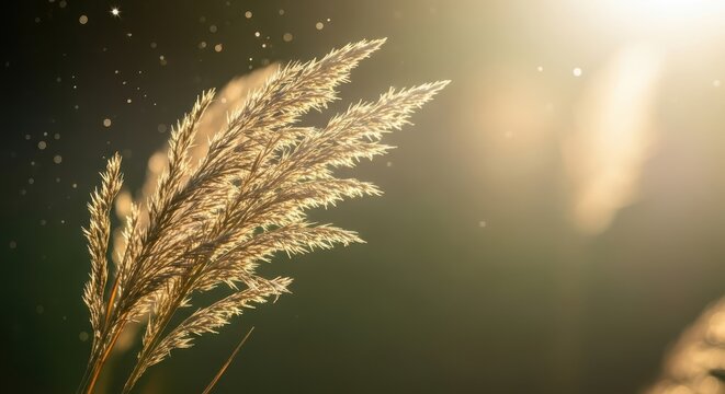 Closeup of a dried wild grass seed head backlit by bright golden sunlight, creating a beautiful lens flare and highlighting fine dust particles floating in the air against a dark background