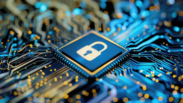 Digital security concept with padlock icon on integrated circuit