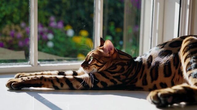 A Bengal cat lounges in sunlight by a window, captured from a low angle. The video showcases its striking fur pattern and relaxed demeanor.