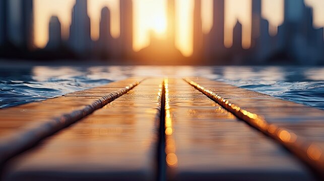 Close-up of a wooden deck edge next to an infinity pool, with a blurred city skyline visible in the background during a warm sunset. - Powered by Adobe
