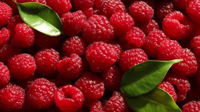 Fresh ripe raspberries and leaves as background, closeup. Camera moving