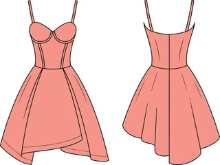 Asymmetrical spaghetti strap dress fashion illustration, layered hem, corset-style bodice, front and back view, peach vector design, sleeveless silhouette