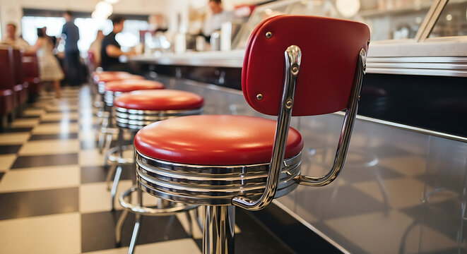Classic American diner counter with empty red chrome stools evoking vintage nostalgia for retro dining experience and traditional cuisine