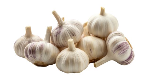 Fresh garlic bulbs piled together, isolated on transparent background