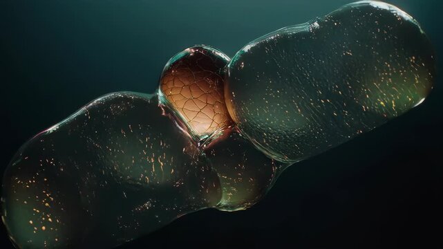 A translucent, segmented form against a dark, gradient background