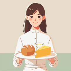 Flat Illustration of Woman in Chef Uniform Holding Tray with Bread Cheese and Sauce