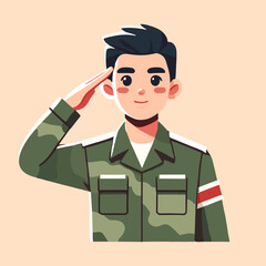 Flat Illustration of Young Man in Military Uniform Giving a Salute on Peach Background