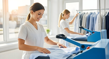 Obraz premium Smiling Women Working Together in a Bright Laundry Service Pressing Clothes
