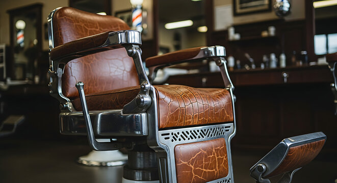 Classic vintage brown leather barber chair inside a traditional old-fashioned barbershop offering stylish male grooming services and haircuts