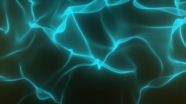 Abstract Flowing Cyan Light Waves on Dark Background.