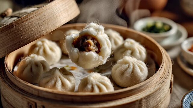 Steamed dumplings in bamboo steamer close up culinary presentation food photography