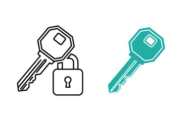 Set of two key and padlock icons representing security and access, one as a black outline drawing and the other as a solid teal shape, isolated on