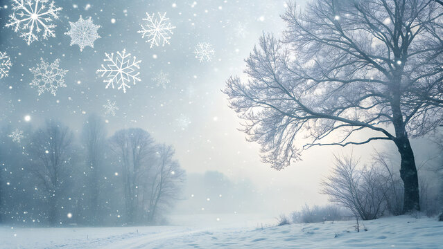Winter Serenity: Capturing a tranquil winter landscape with delicate snowflakes falling from the sky, a serene atmosphere is painted by the frosty trees and serene weather.