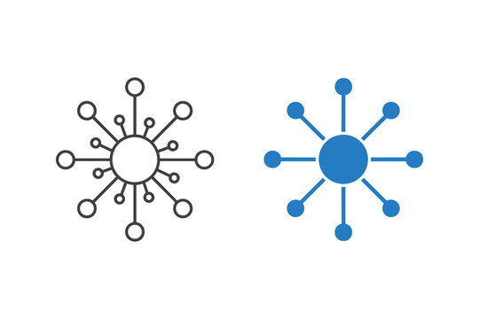 Set of two abstract network connection icons, one outline and one solid blue, representing decentralized system, hub, or complex structure, isolated on