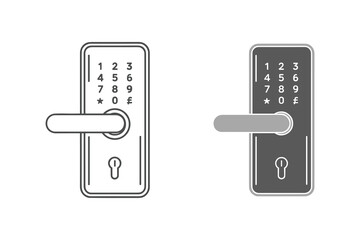 Two styles of modern electronic door lock with keypad and handle, one line art and one filled, isolated on