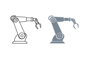 Set of two industrial robotic arm icons, one outline and one solid silhouette, representing automation and manufacturing technology isolated on