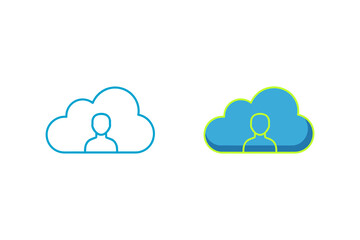 Two stylized icons representing cloud computing user profile or personal data storage in the cloud, one outline and one filled blue, isolated on
