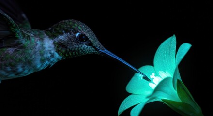 Fototapeta premium Hummingbird feeding on a glowing flower
