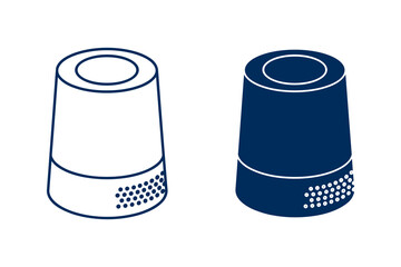 Two isometric icons of a smart speaker or portable wireless audio device, one in outline style and one filled in dark blue, isolated on