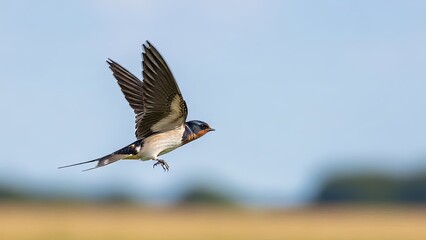 Fototapeta premium Barn Swallow in Flight Against a Blue Sky.