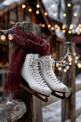 Winter holiday photograph featuring ice skates and red scarf on wooden post against snowy Christmas backdrop with blurred lights, creating a romantic nostalgic winter recreation scene