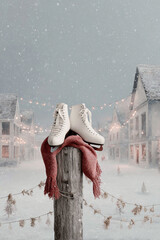 Winter holiday photograph featuring ice skates and red scarf on wooden post against snowy Christmas backdrop with blurred lights, creating a romantic nostalgic winter recreation scene