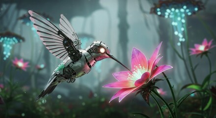 Fototapeta premium Hummingbird feeding on glowing flower