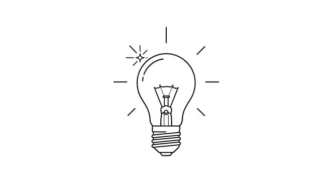 Simple line art illustration of a glowing light bulb with a small sparkle
