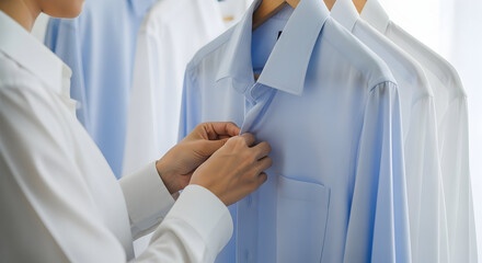 Person buttoning up a crisp blue dress shirt, ready for laundry day or a fresh start.
