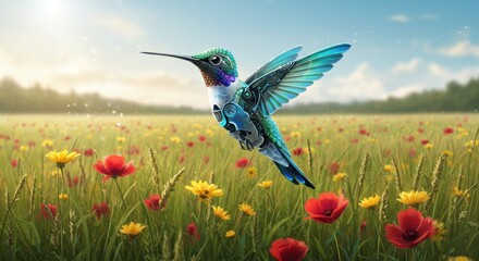Fototapeta premium Hummingbird flying over wildflower meadow