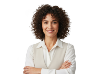 Smiling woman with curly hair isolated on transparent background