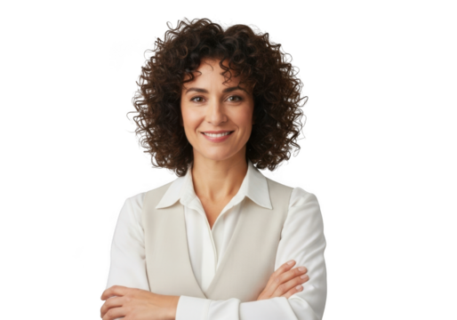 Smiling woman with curly hair isolated on transparent background