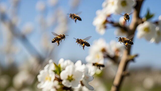 Bees Pollinating White Flowers on a Sunny Day. - Powered by Adobe