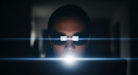 Woman with sunglasses faces a bright screen in a dark room, creating a mysterious aura.