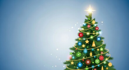 Christmas tree decorated with star and ornaments for winter holiday season and New Year celebration background. Festive digital illustration.
