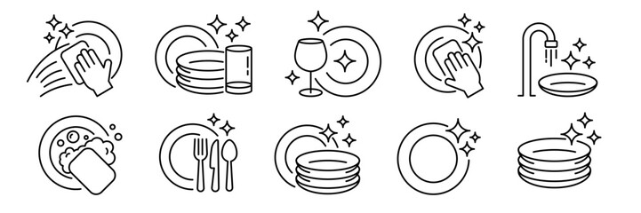 Clean dishes icon set. Shiny plate stack, cleaning wipes sponge soap bubbles and foam plate or glass , wash kitchen utensil, pile tableware, symbol, black, line, flat vector, isolated illustration.