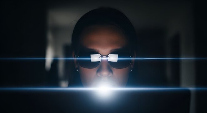 Woman with sunglasses faces a bright screen in a dark room, creating a mysterious aura.