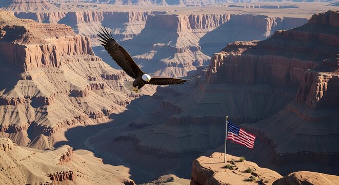 Bald eagle soars over a vast canyon landscape near American flag on a peak at daytime. - Powered by Adobe