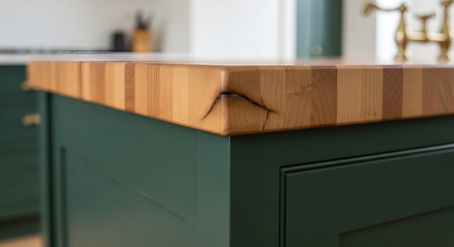Close-up of a butcher block countertop on a deep green kitchen island cabinet with golden fixtures.