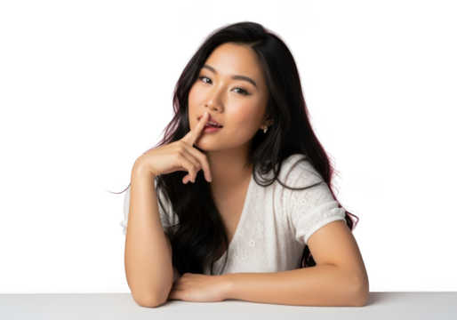 Young asian woman with finger on lips isolated on transparent background