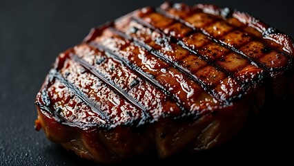 ribeye. Juicy grilled ribeye steak with perfect grill marks, served on a dark textured plate for contrast. menu design.