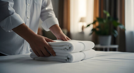 Hotel staff neatly folding clean white towels for laundry service
