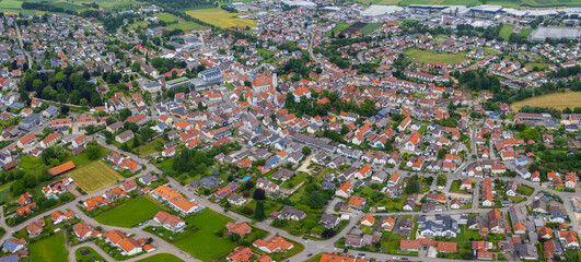 Aerial panorama view of the old town and city Burgau in Germany, Bavaria on a sunny noon spring day
