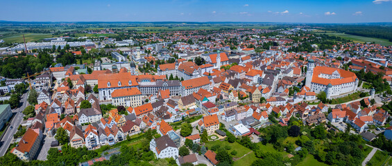 Naklejka premium Aerial panorama view of the old town and city Dillingen 89407 in Germany, Bavaria on a sunny noon spring day 