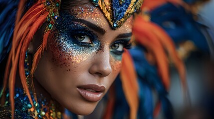 Enchanting Beauty in Carnival attire: A mesmerizing portrait of a woman adorned in the vibrant colors and intricate details of carnival.