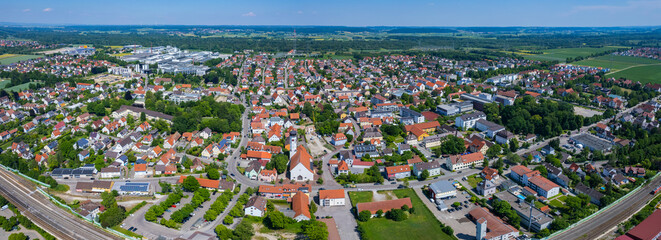 Aerial view of the old town and city Meitingen, 86405, in Germany, Bavaria on a sunny noon spring day