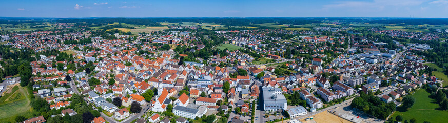 Aerial view of the old town and city Aichach, in Germany, Bavaria on a sunny noon spring day